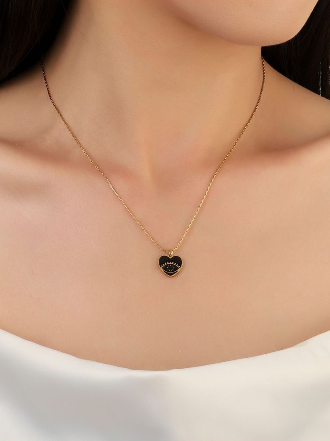 

SALTY Stainless Steel Heart Shaped Evil Eye Pendant with Chain, Gold