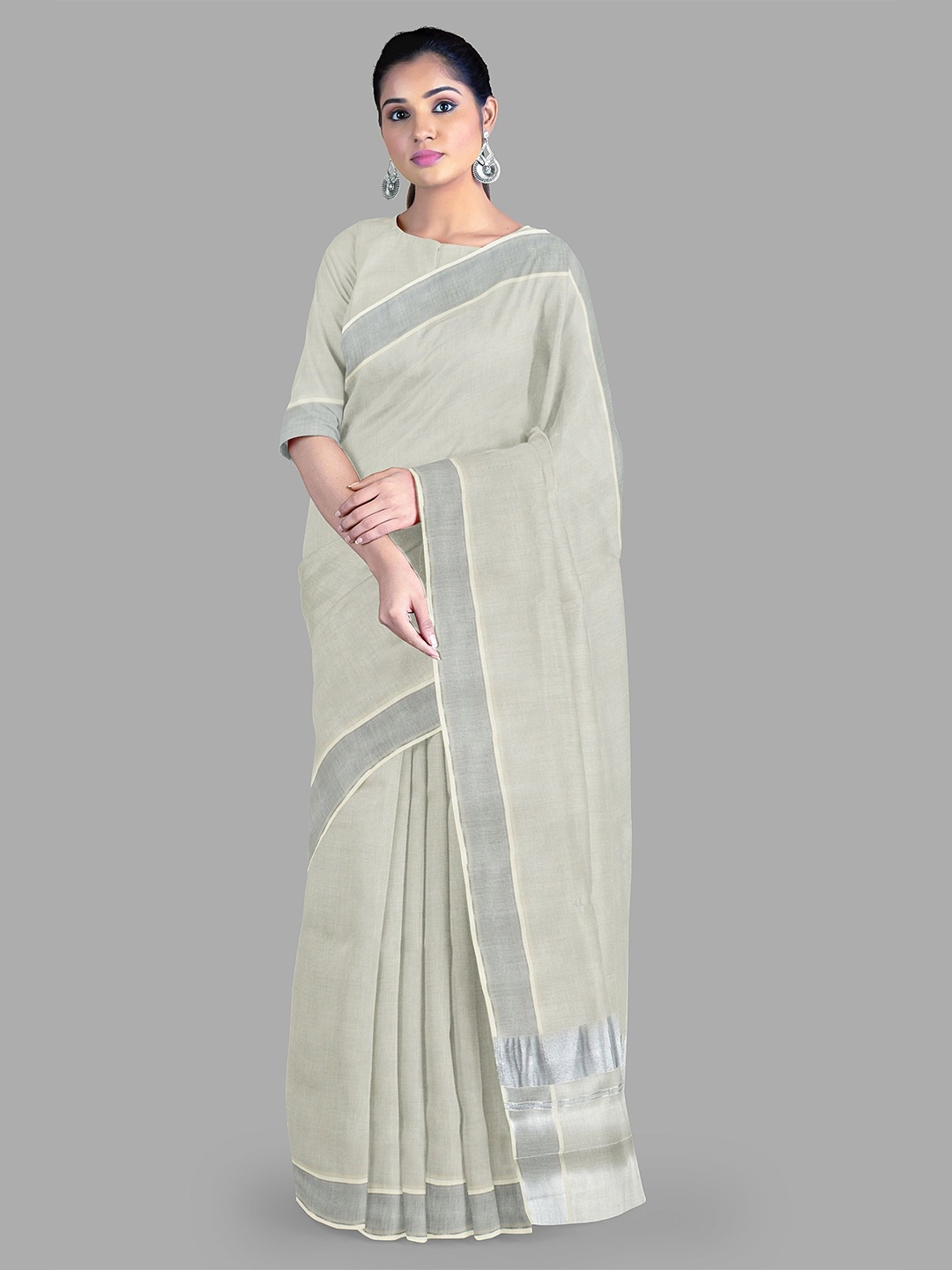 

The Chennai Silks Zari Pure Cotton Kasavu Saree, Silver