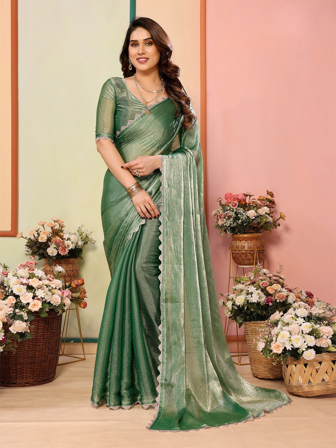 

Ambuja International Embellished Beads and Stones Pure Silk Saree, Sea green