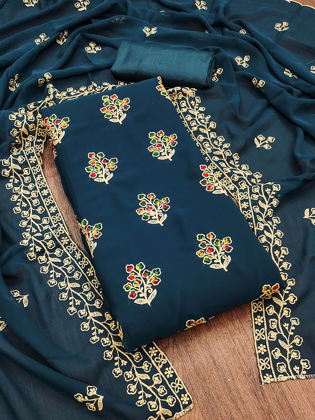 

Ishin Floral Embroidered Zari Silk Georgette Unstitched Dress Material, Teal