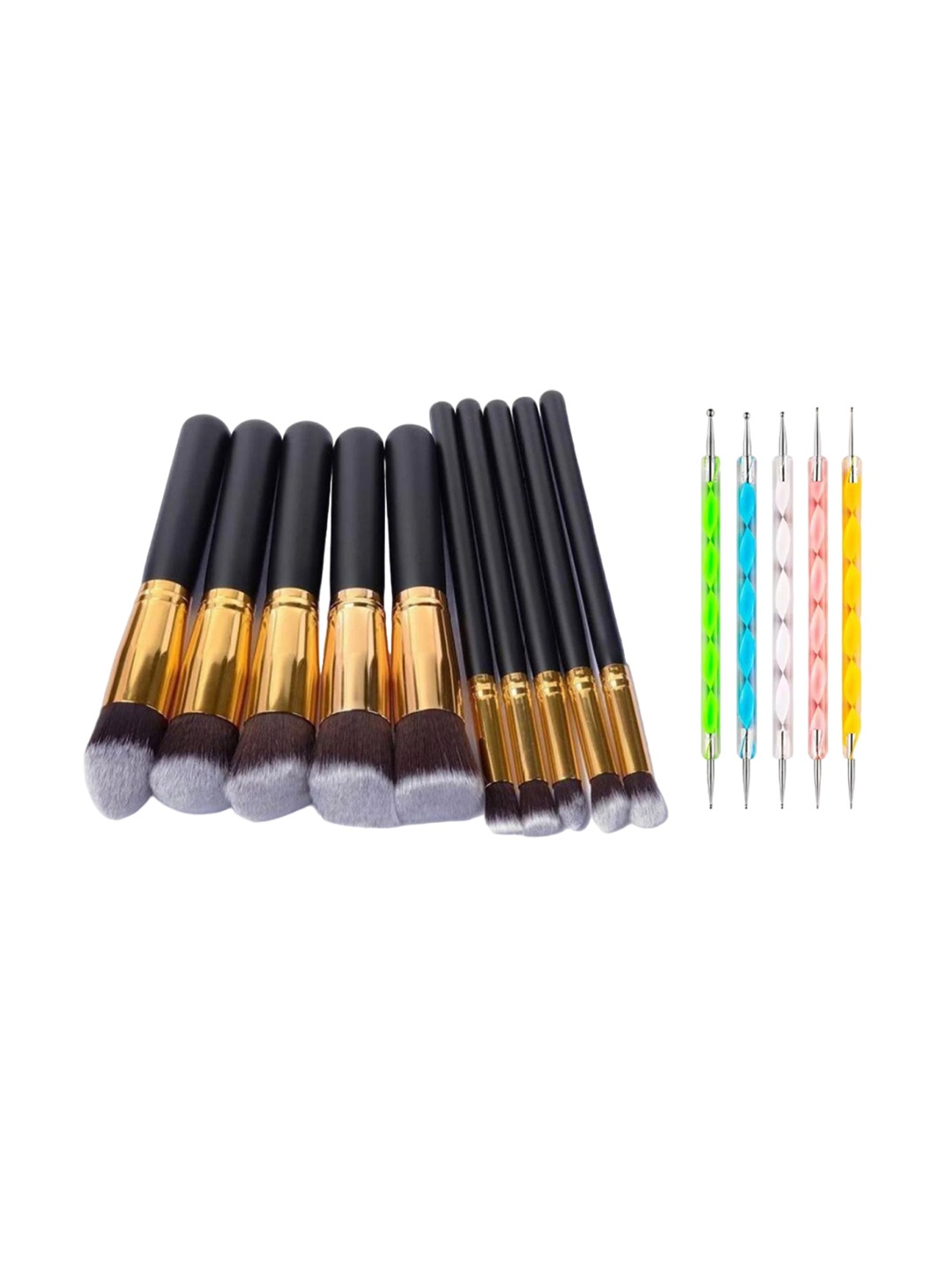 

zemglam Set Of 10 Cosmetics Makeup Brushes Kit With Set Of 5 Double Side Nail Dotted Pen, Gold