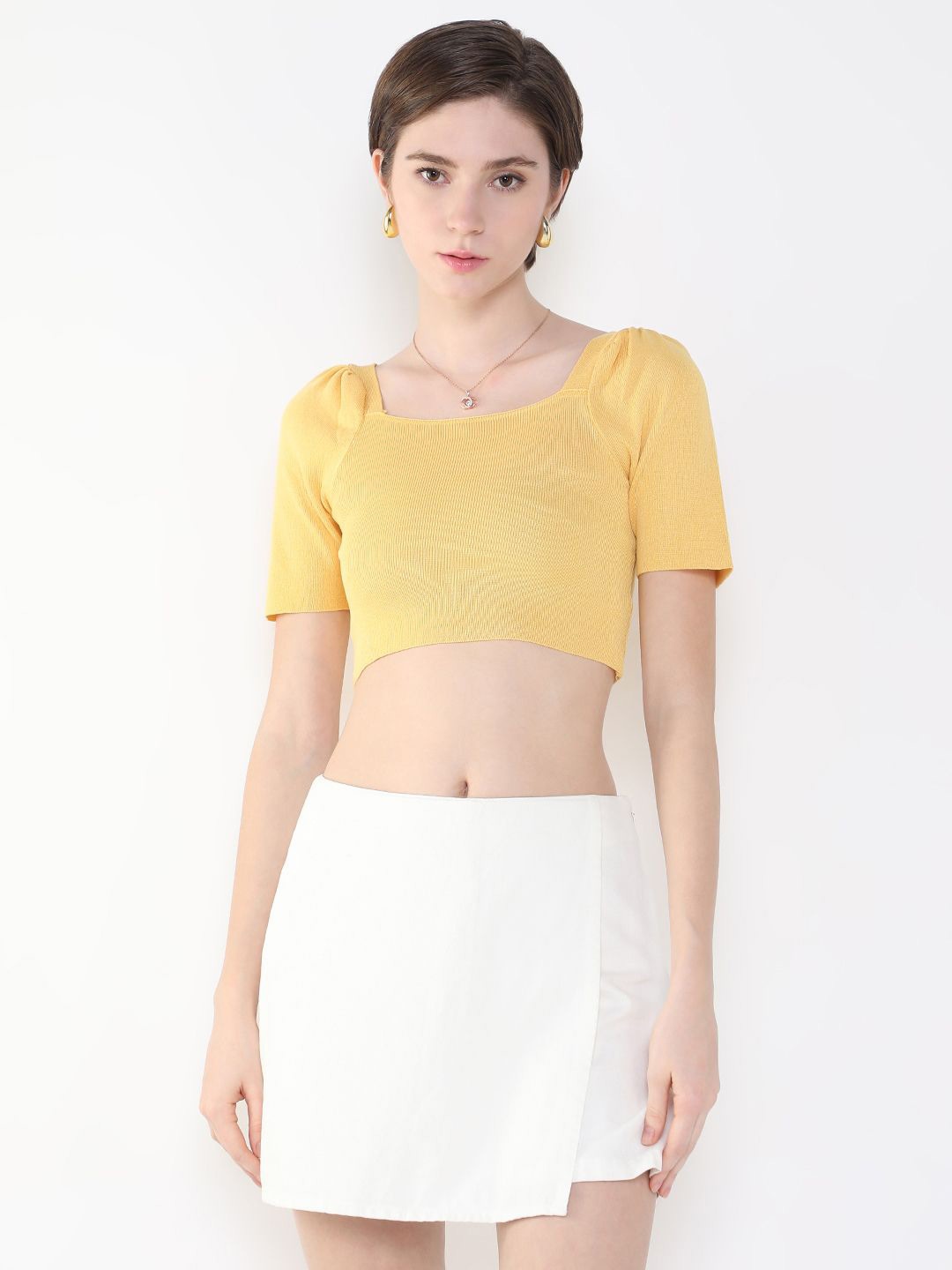 

SHOWOFF Puff Sleeve Crop Top, Mustard