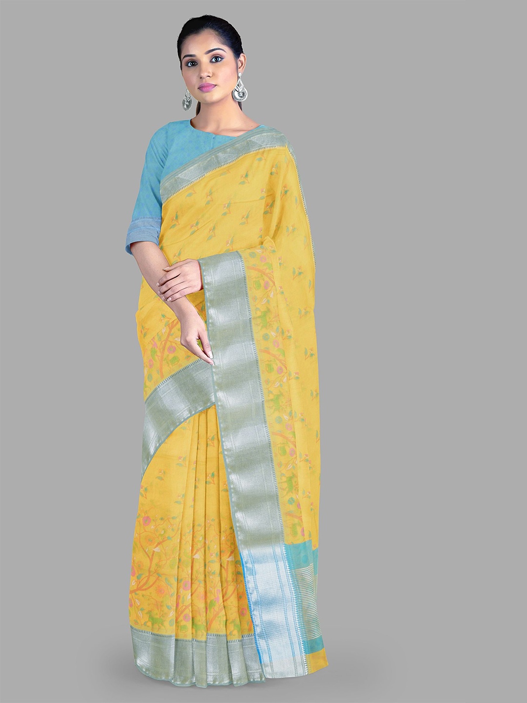 

The Chennai Silks Floral Zari Pure Cotton Gadwal Saree, Yellow