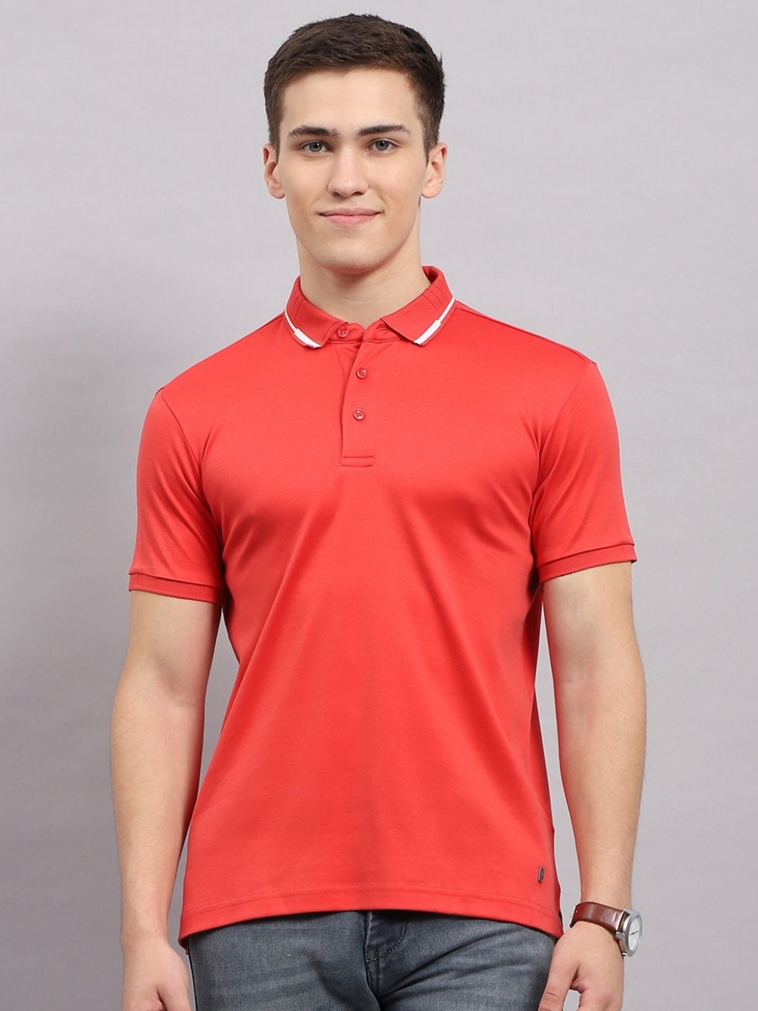 

Monte Carlo Men Solid Polo Collar Cotton T-shirt, Coral