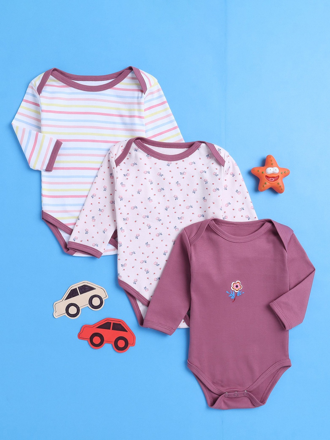 

BUMZEE Infant Girls Pack Of 3 Cotton Bodysuit, Purple