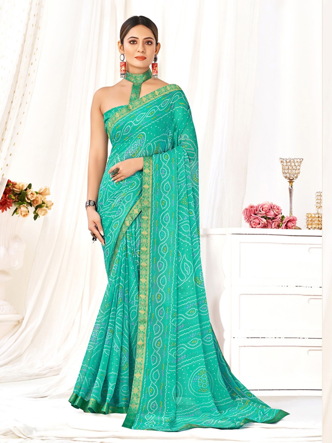 

KALINI Bandhani Zari Poly Chiffon Saree With Unstitched Blouse Piece, Blue