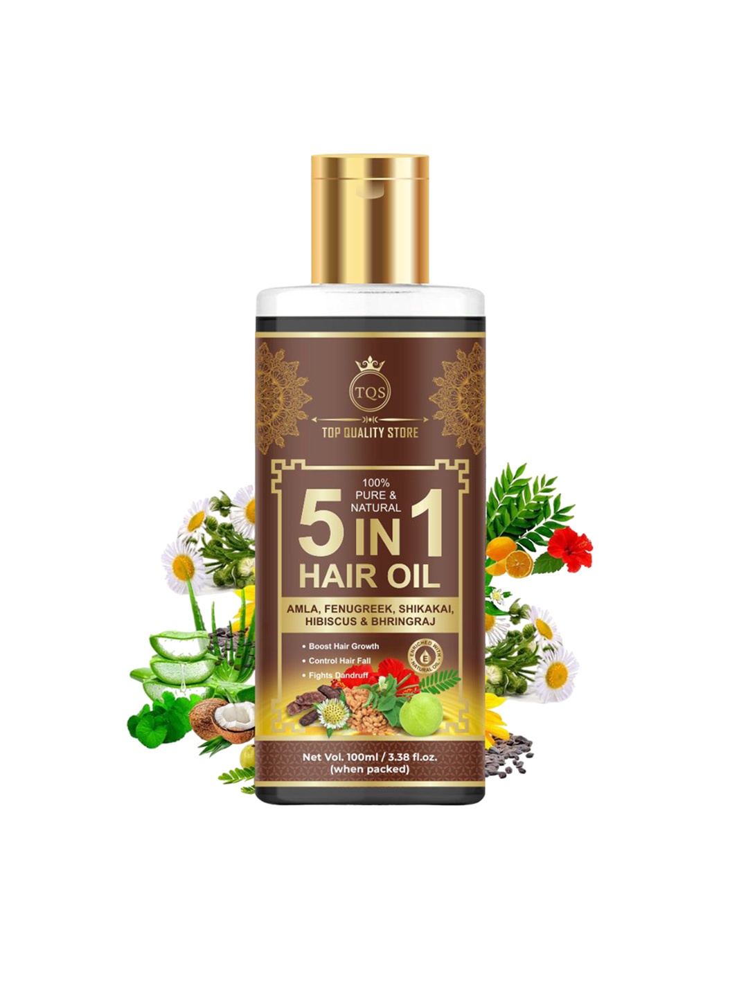 

TQS 100% Pure & Natural 5 In 1 Hair Oil with Amla Fenugreek Shikakai & Hibiscus - 100ml, Brown