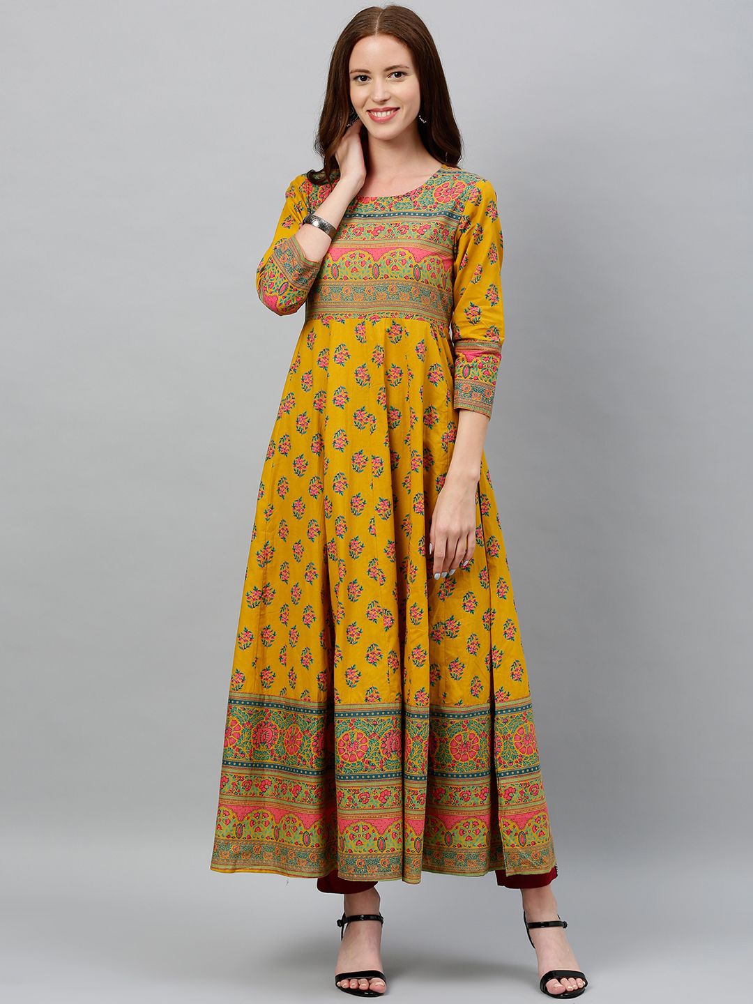 

CHIRAAI Women Self Design Ethnic Motifs Maxi Dress, Mustard