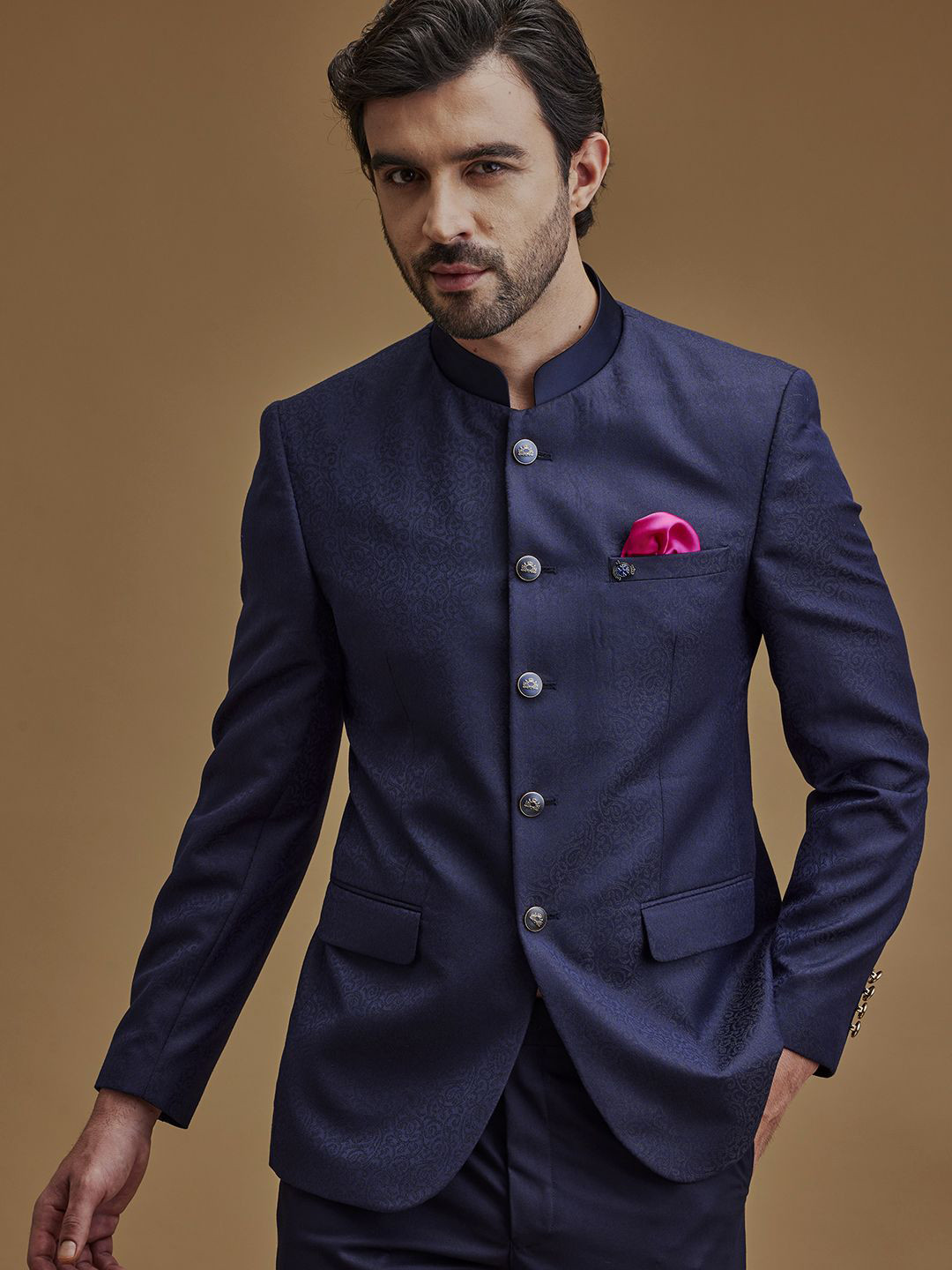

Neumen Men Printed Mandarin Collar Bandhgala Sherwani Set, Navy blue