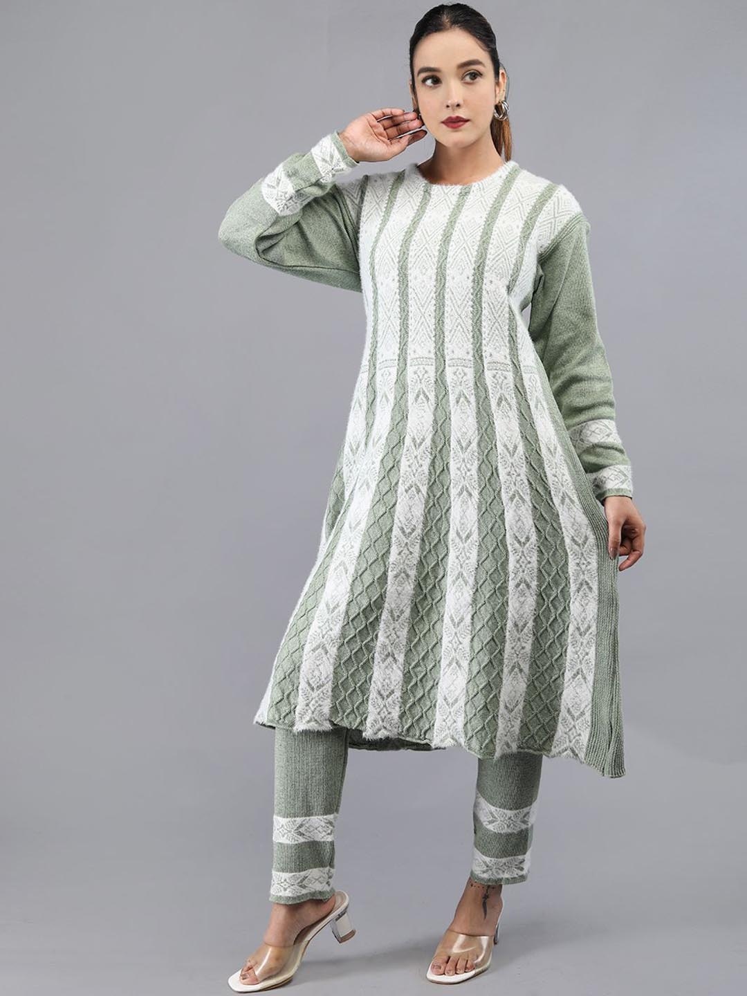 

TYSORT Ethnic Motifs Woven Design Knitted Weave A-Line Kurta With Trouser, Green