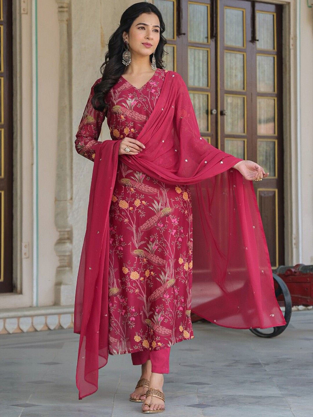 

Anni Designer Floral Printed Straight Kurta With Trouser & Dupatta, Red