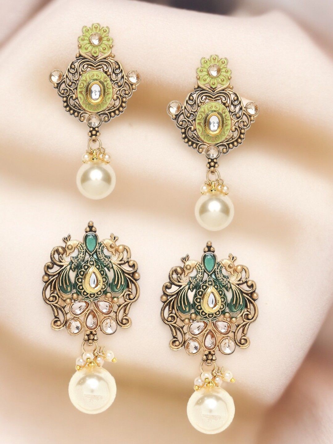 

Anouk Green Set of 2 Meenakari Kundan Studded & Pearls Beaded Peacock Shaped Drop Earrings, Gold