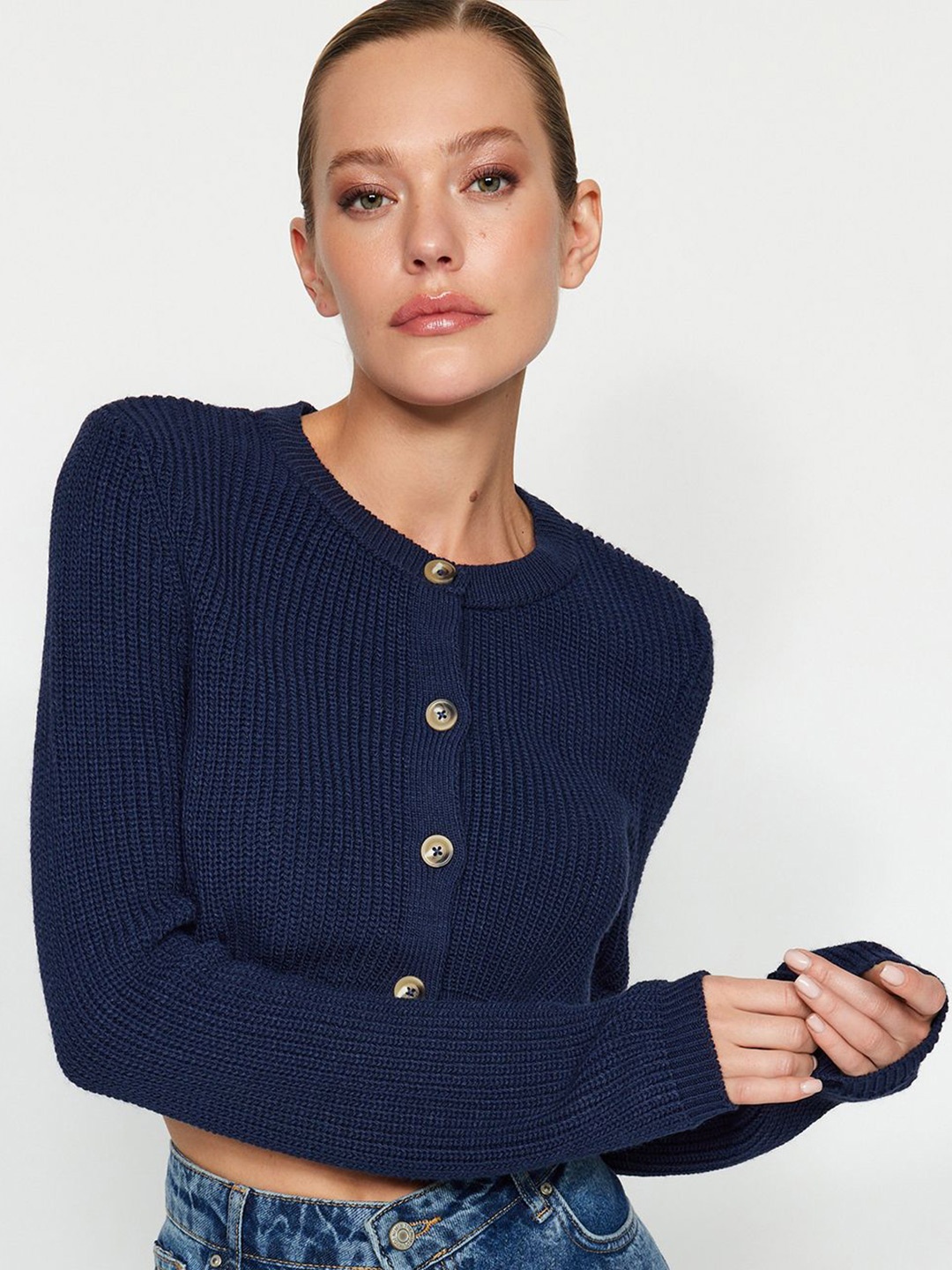 

Trendyol Women Ribbed Crop Cardigan, Navy blue