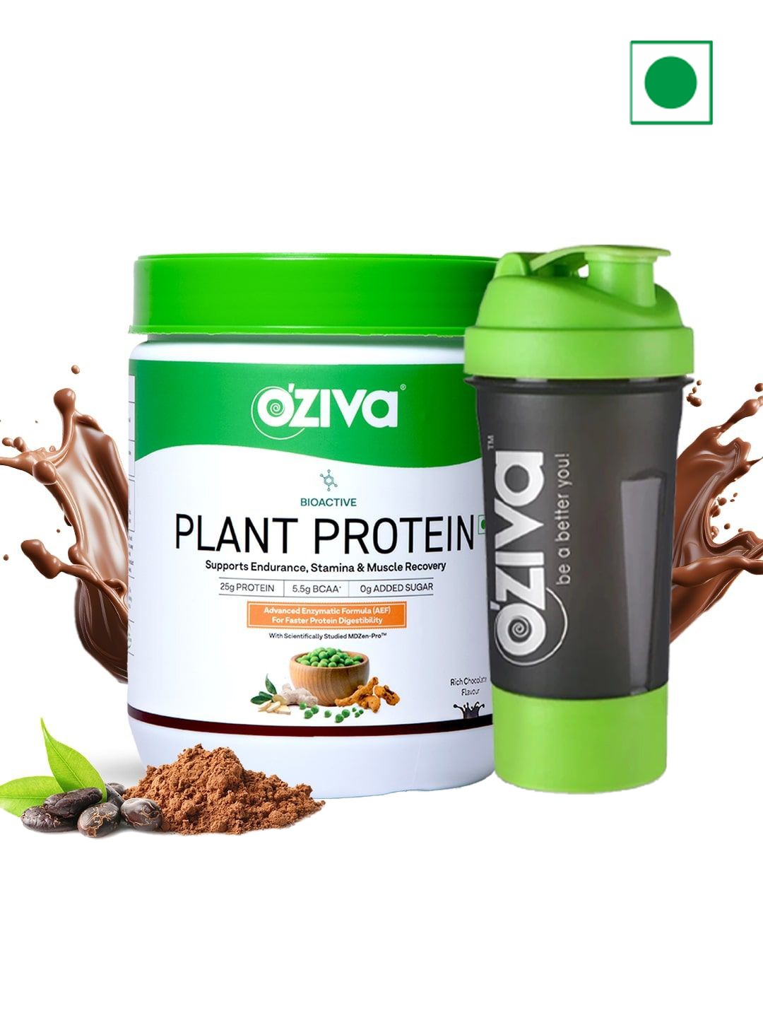 

OZiva Bioactive Plant Protein With Shaker- Rich Chocolate Flavour-25g + 500g, Green