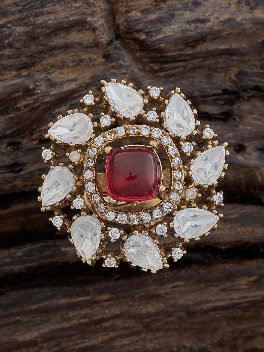 

Kushal's Fashion Jewellery Ruby & Kundan Studded Adjustable Finger Ring, Gold