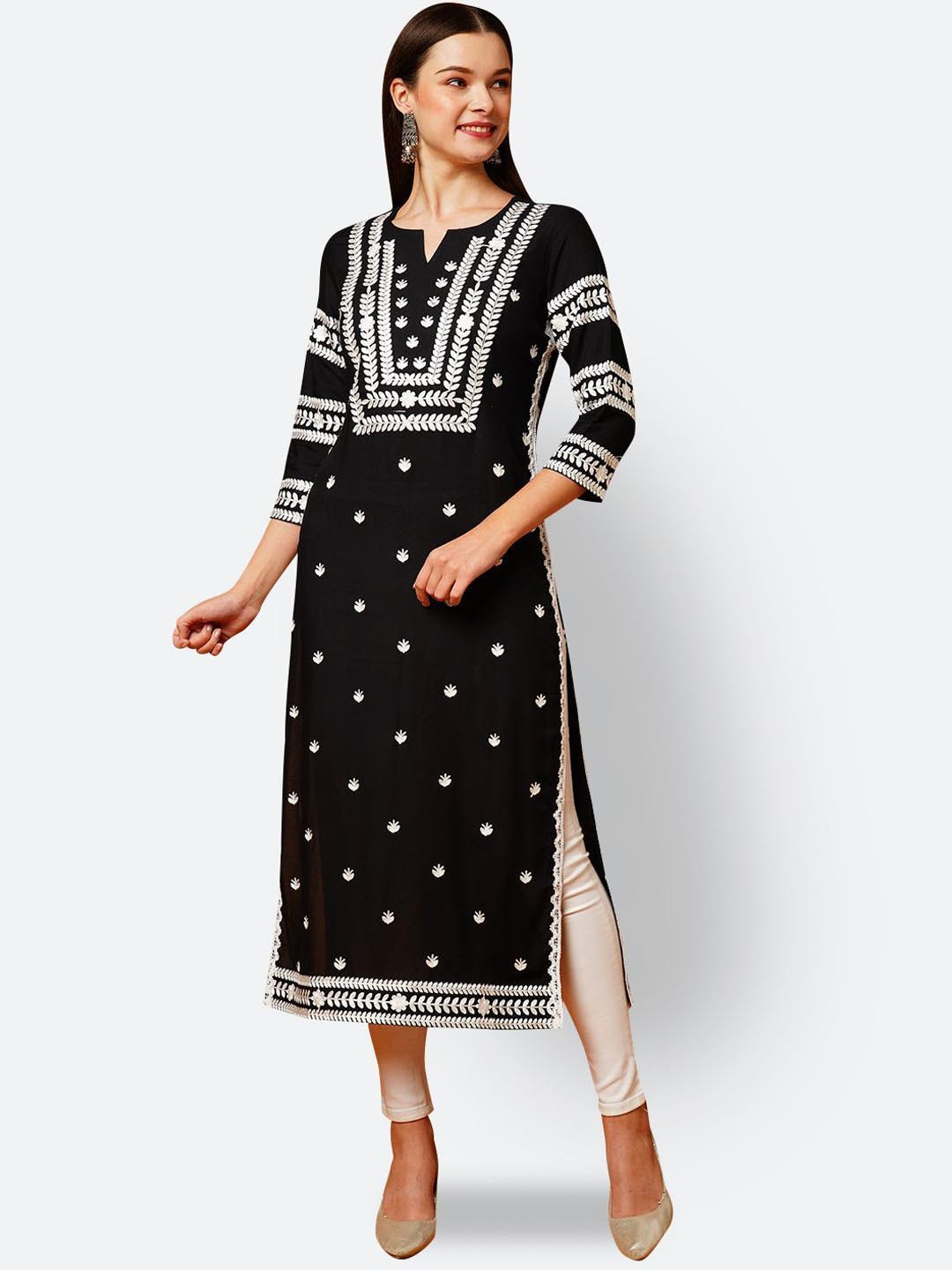 

Anni Designer Floral Embroidered Notch Neck Straight Kurta, Black