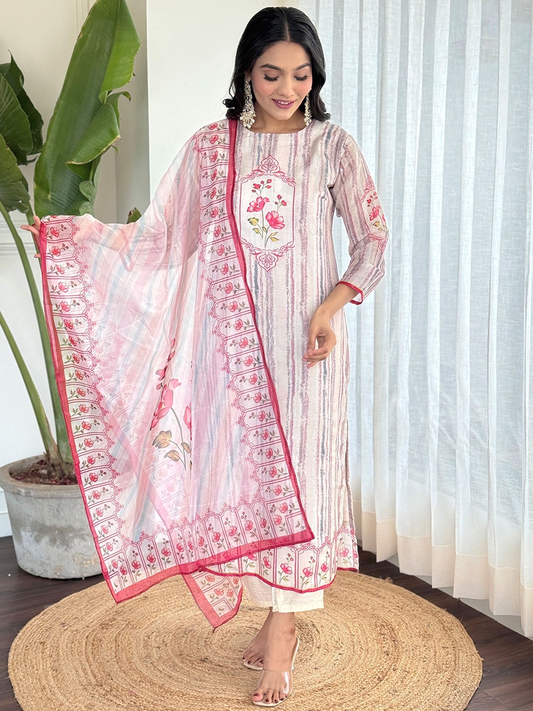 

KALINI Floral Printed Chanderi Silk Kurta with Trousers & Dupatta, Cream