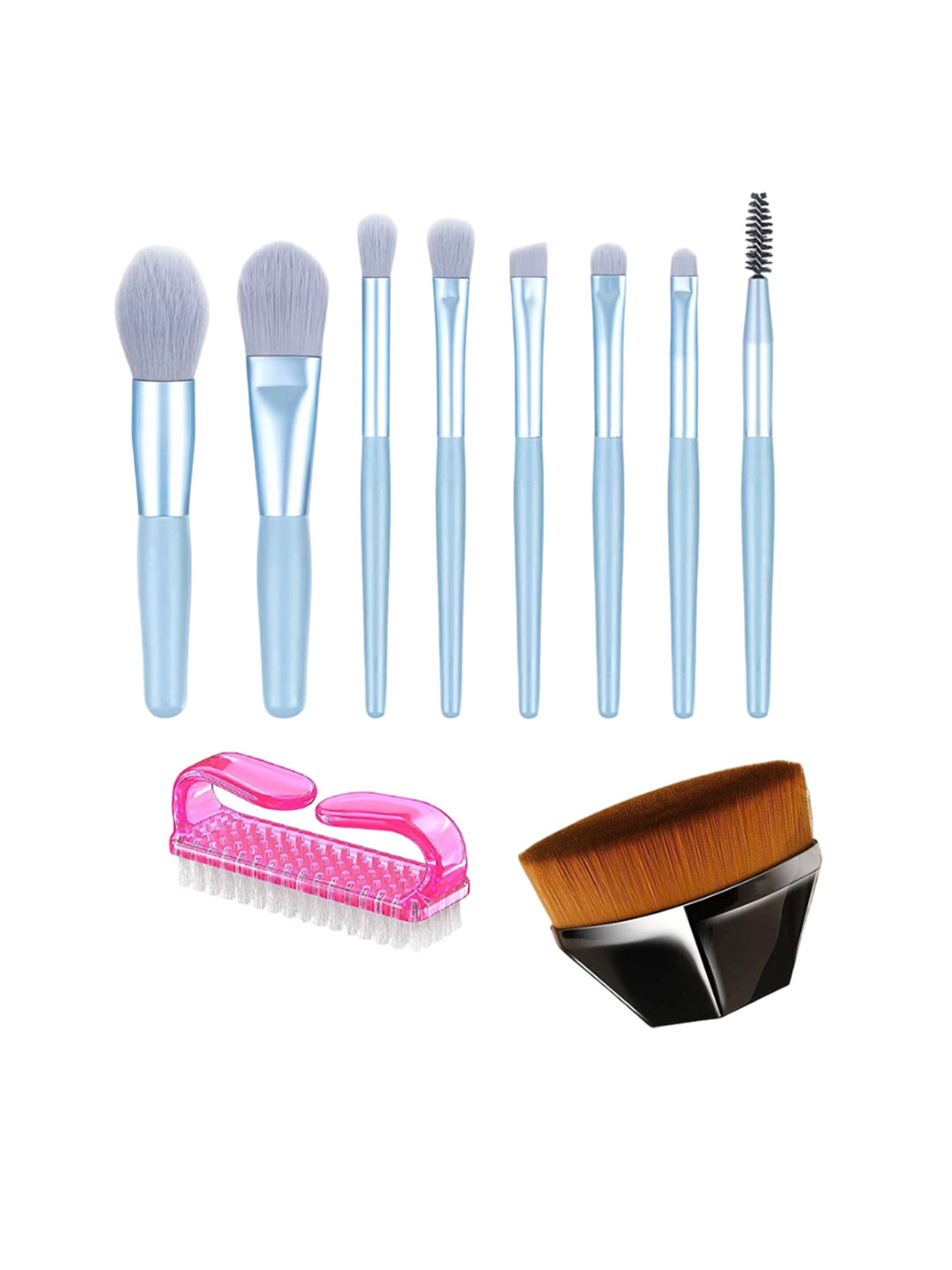 

zemglam Set Of 8 Mini Makeup Brushes With 1Pc Nail Cleaning Brush & 1 Blush Brush, Blue