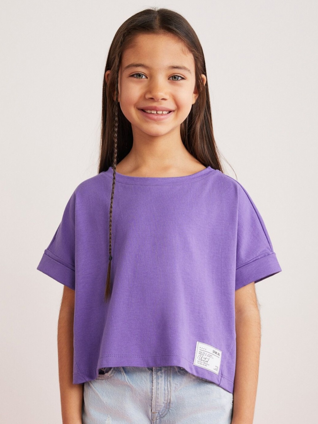 

GRIMELANGE Unisex Kids Solid Round Neck Cotton Boxy Fit T-shirt, Lavender