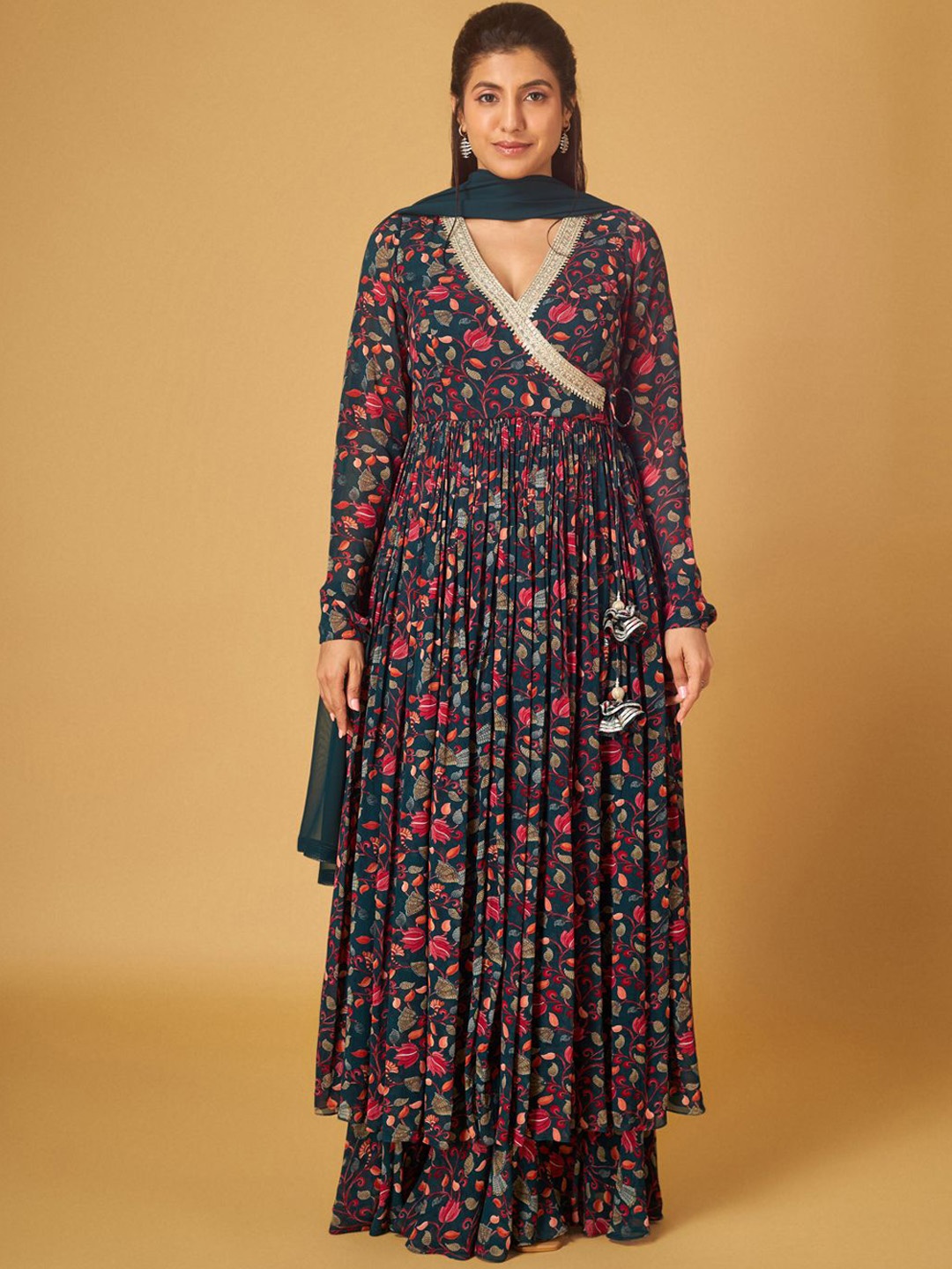 

Maisolos Floral Printed Anarkali Kurta & Salwar With Dupatta, Teal