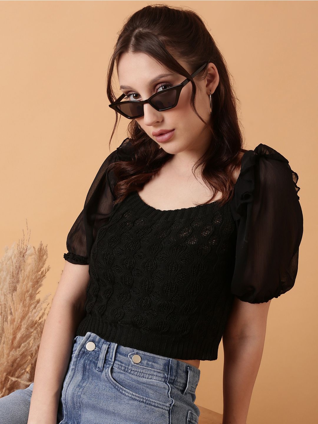 

SHOWOFF Puff Sleeve Crochet Blouson Crop Top, Black