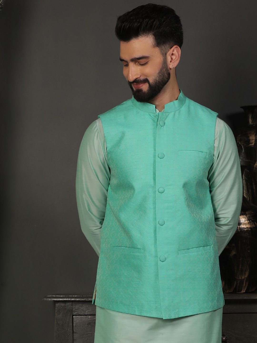 

DEYANN Men Printed Mandarin Collar Nehru Jacket, Blue