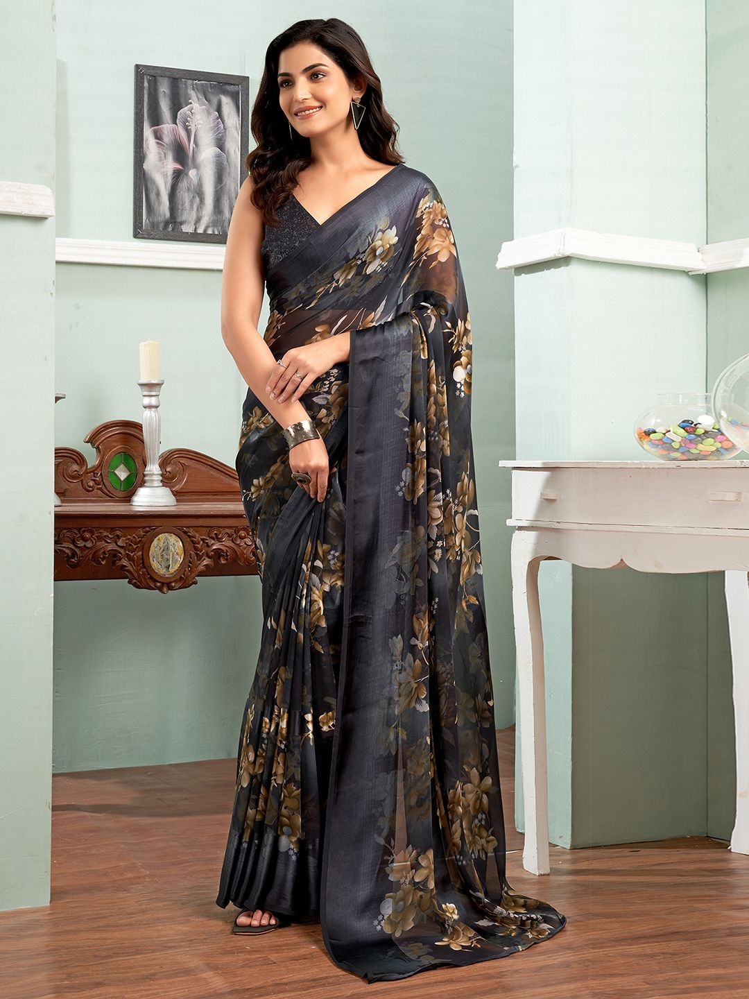

KALINI Floral Printed Pure Georgette Dabu Saree, Grey