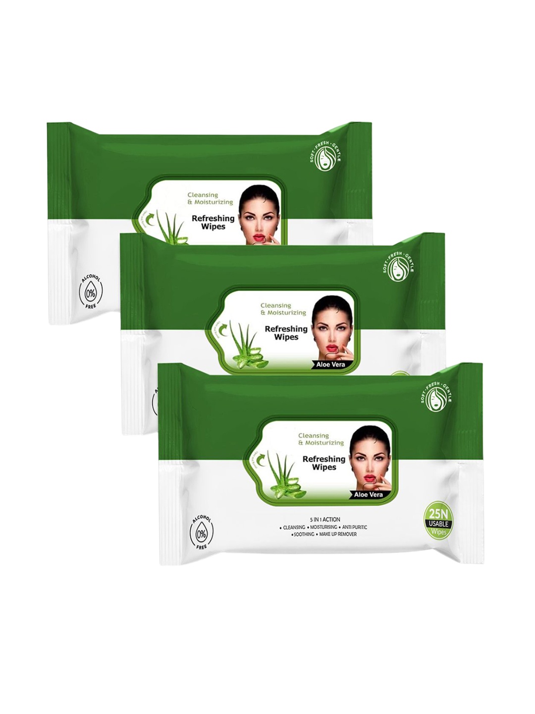 

Adbeni Set Of 3 Aloe Vera Cleansing & Moisturizing Refreshing Facial Wipes - 25 Wipes Each, Green