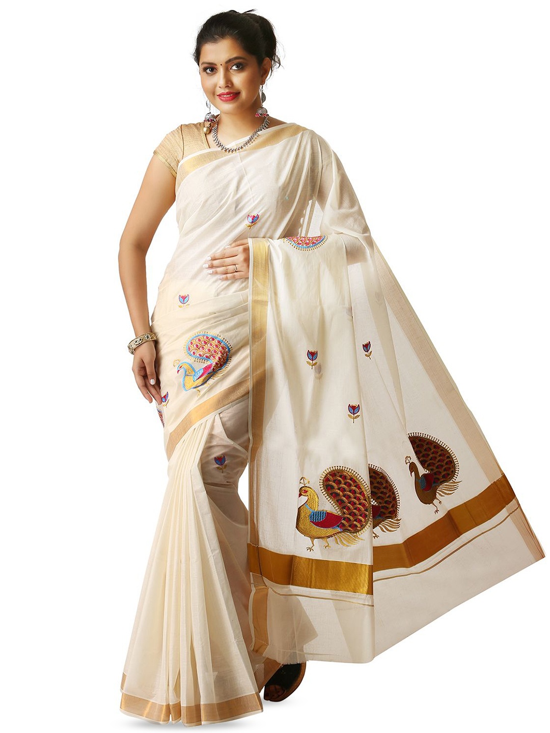 

Rst R Selvamani Tex Ethnic Motifs Zari Pure Cotton Kasavu Saree, Off white
