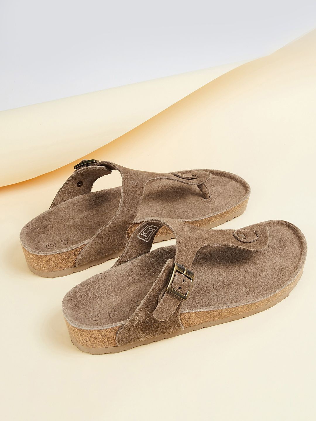 

Ginger by Lifestyle Women Buckle Detail T-Strap Flats, Camel brown
