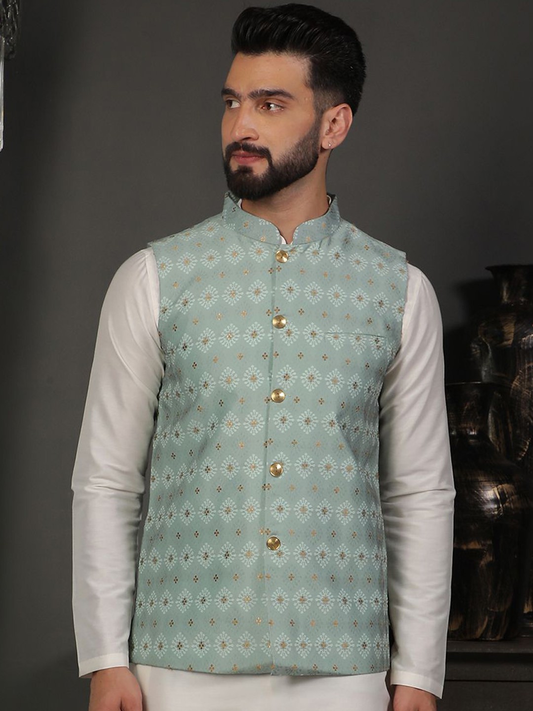 

DEYANN Men Printed Mandarin Collar Nehru Jacket, Blue
