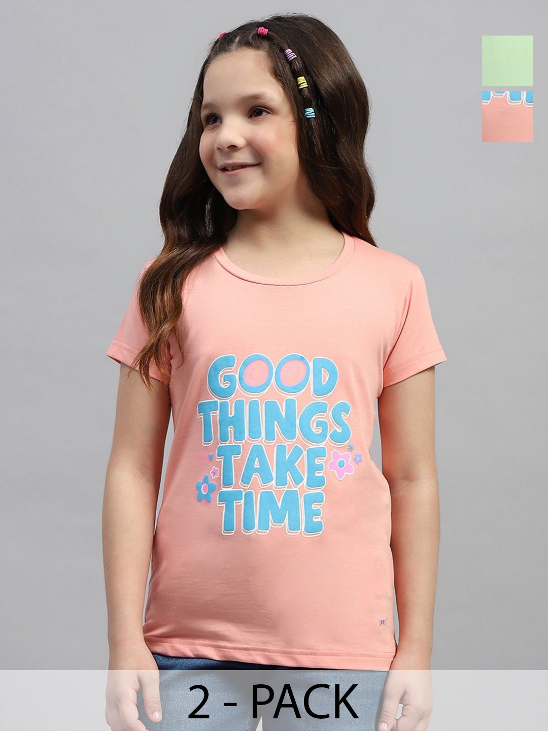

Monte Carlo Pack Of 2 Girls Typography Printed Round Neck Cotton T-shirts, Green