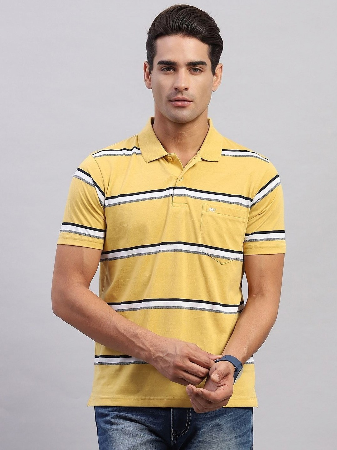 

Monte Carlo Men Striped Polo Collar Cotton T-shirt, Yellow