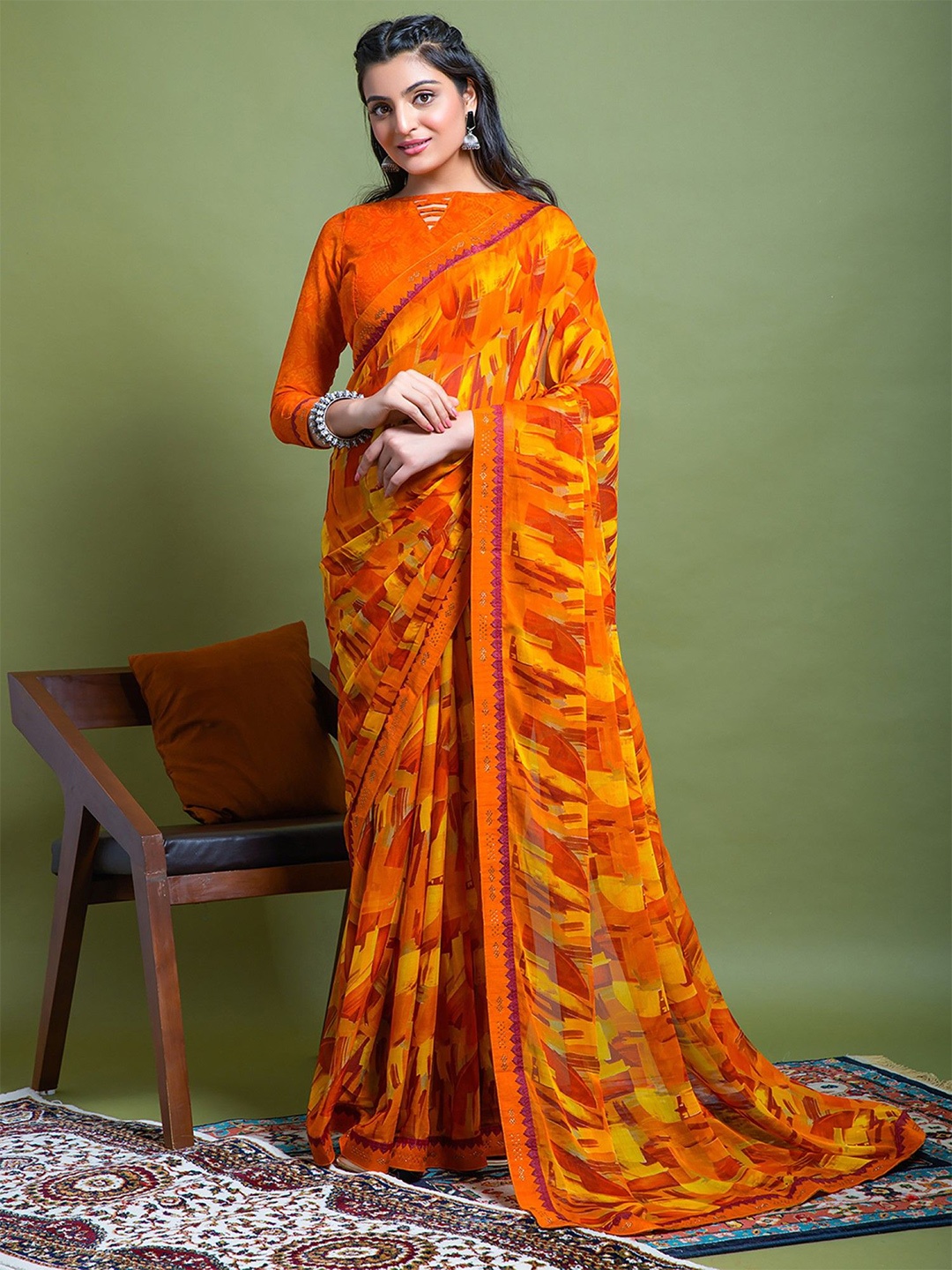 

KALINI Women's Chiffon Printed & Banarasi Border Saree With Unstitched Blouse Piece, Orange