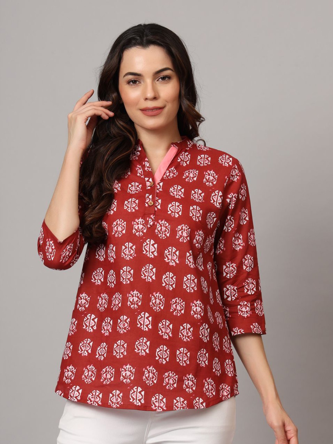 

Anouk Rustic Mandarin Collar Printed Tunic, Maroon