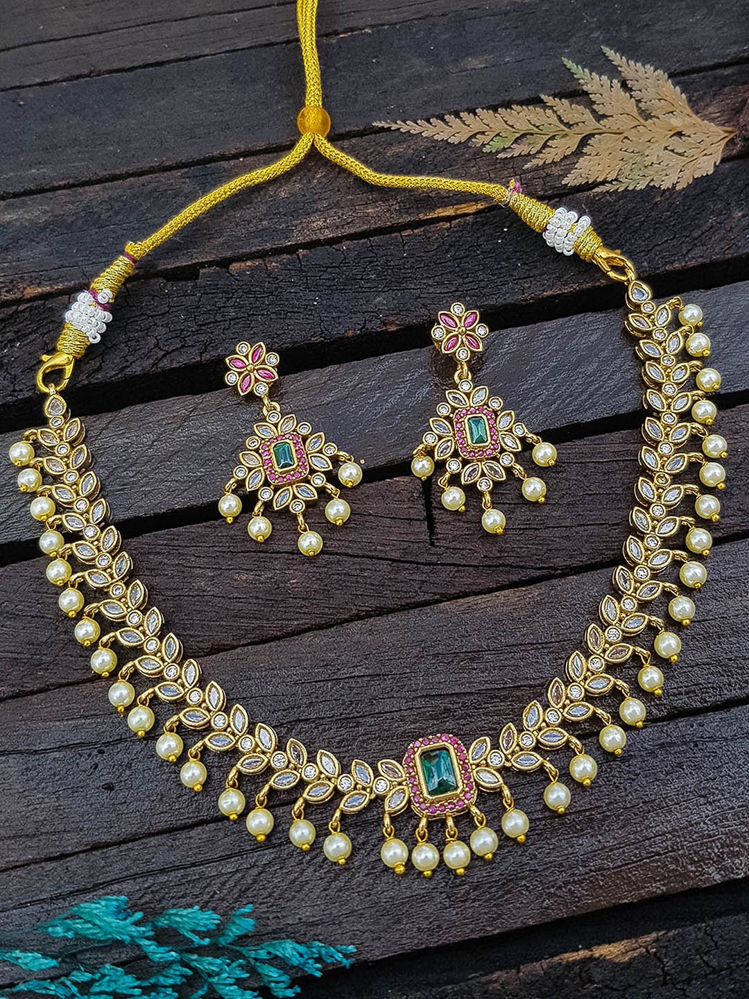 

GRIIHAM Gold-Plated Cubic Zirconia Studded & Beaded Jewellery Set
