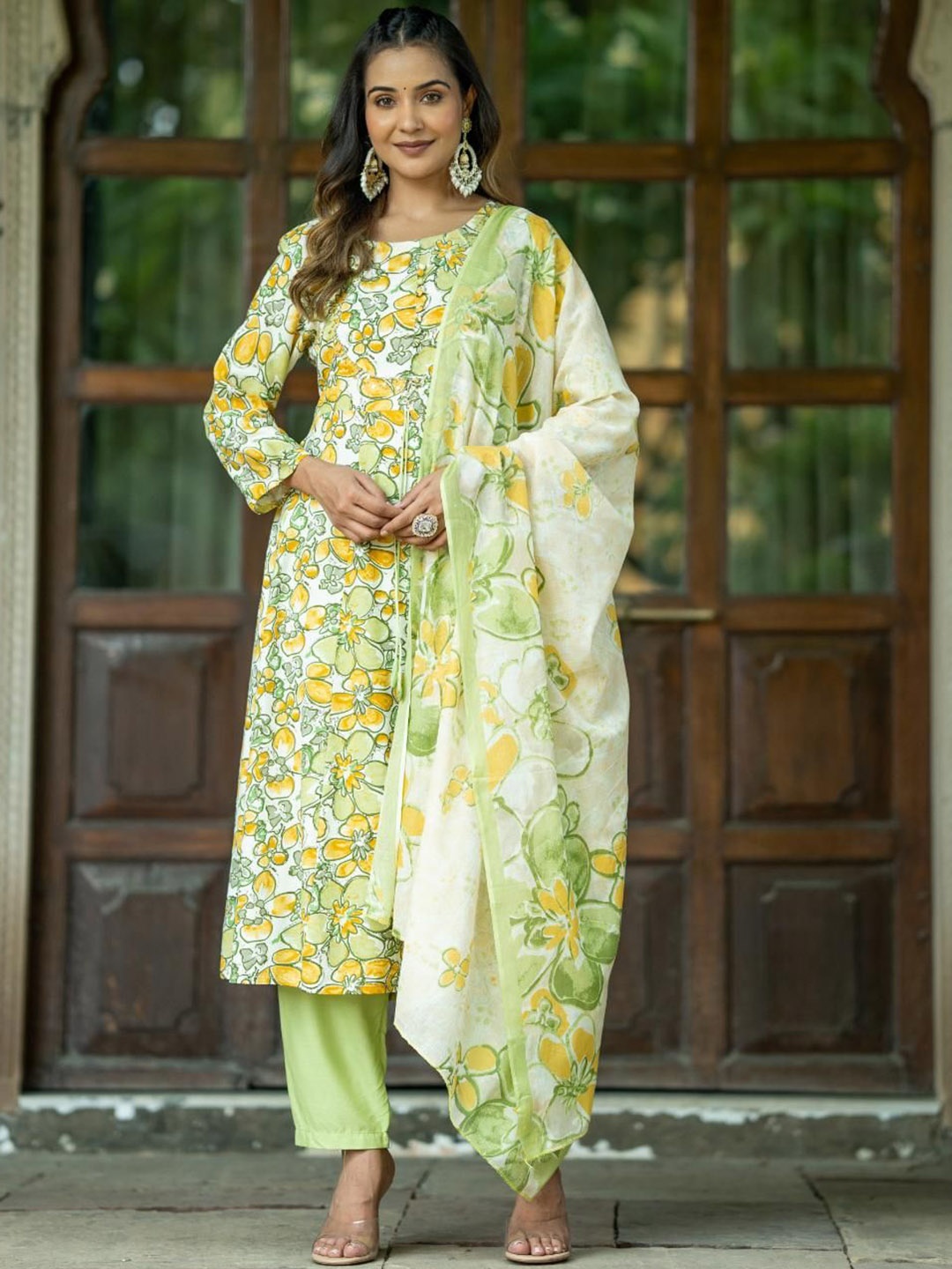 

KALINI Floral Printed Pure Cotton A-Line Kurta with Trousers & Dupatta, Fluorescent green