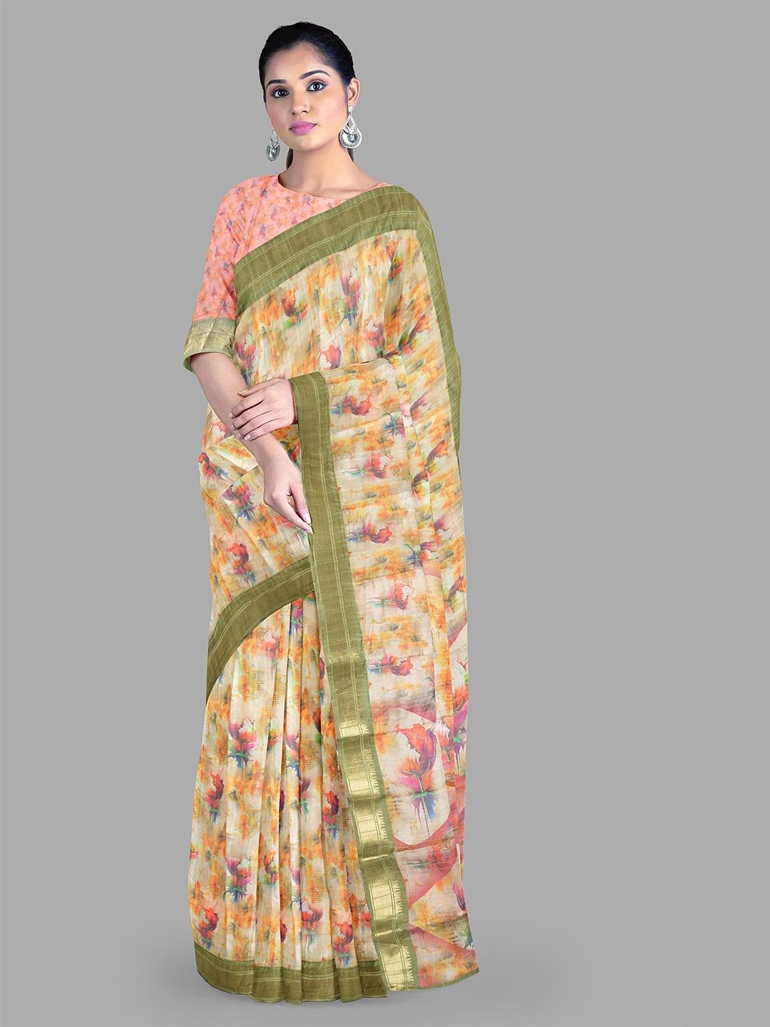 

The Chennai Silks Floral Printed Saree, Cream