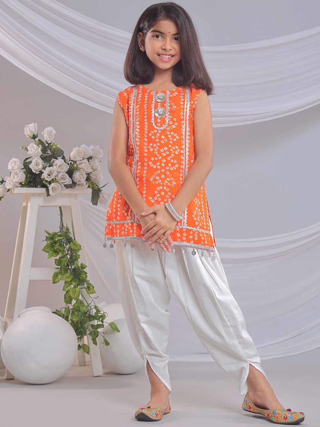 

BAESD Girls Bandhani Printed A-Line Gotta Patti Pure Cotton Kurti with Dhoti Pants, Orange