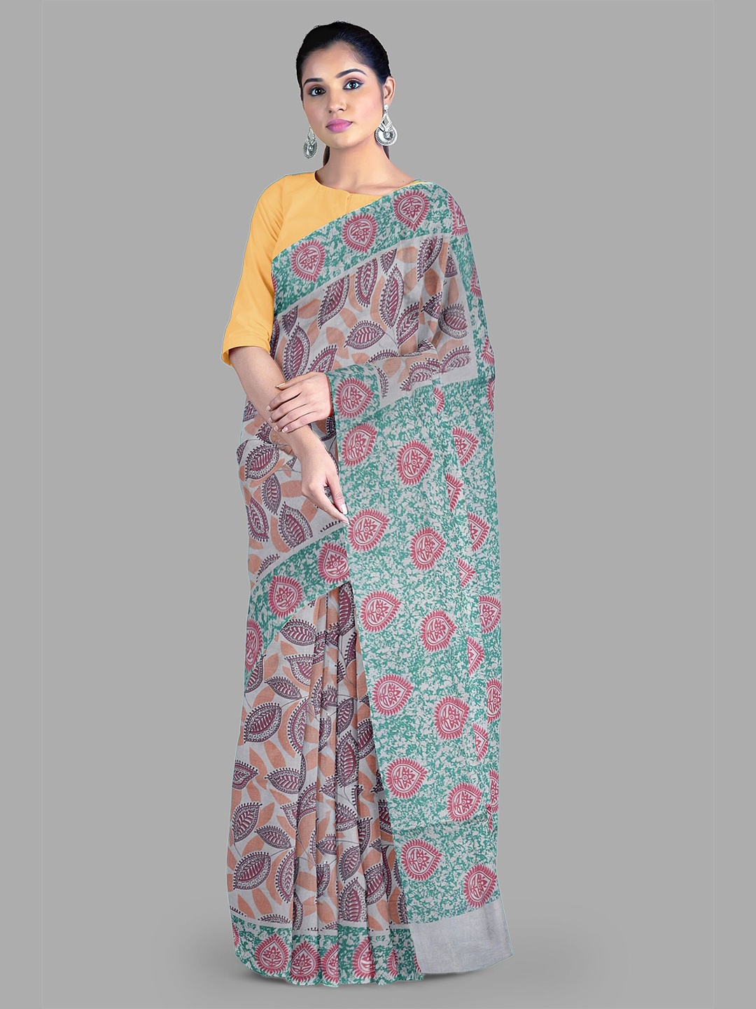 

The Chennai Silks Floral Printed Pure Cotton Sungudi Saree, Grey