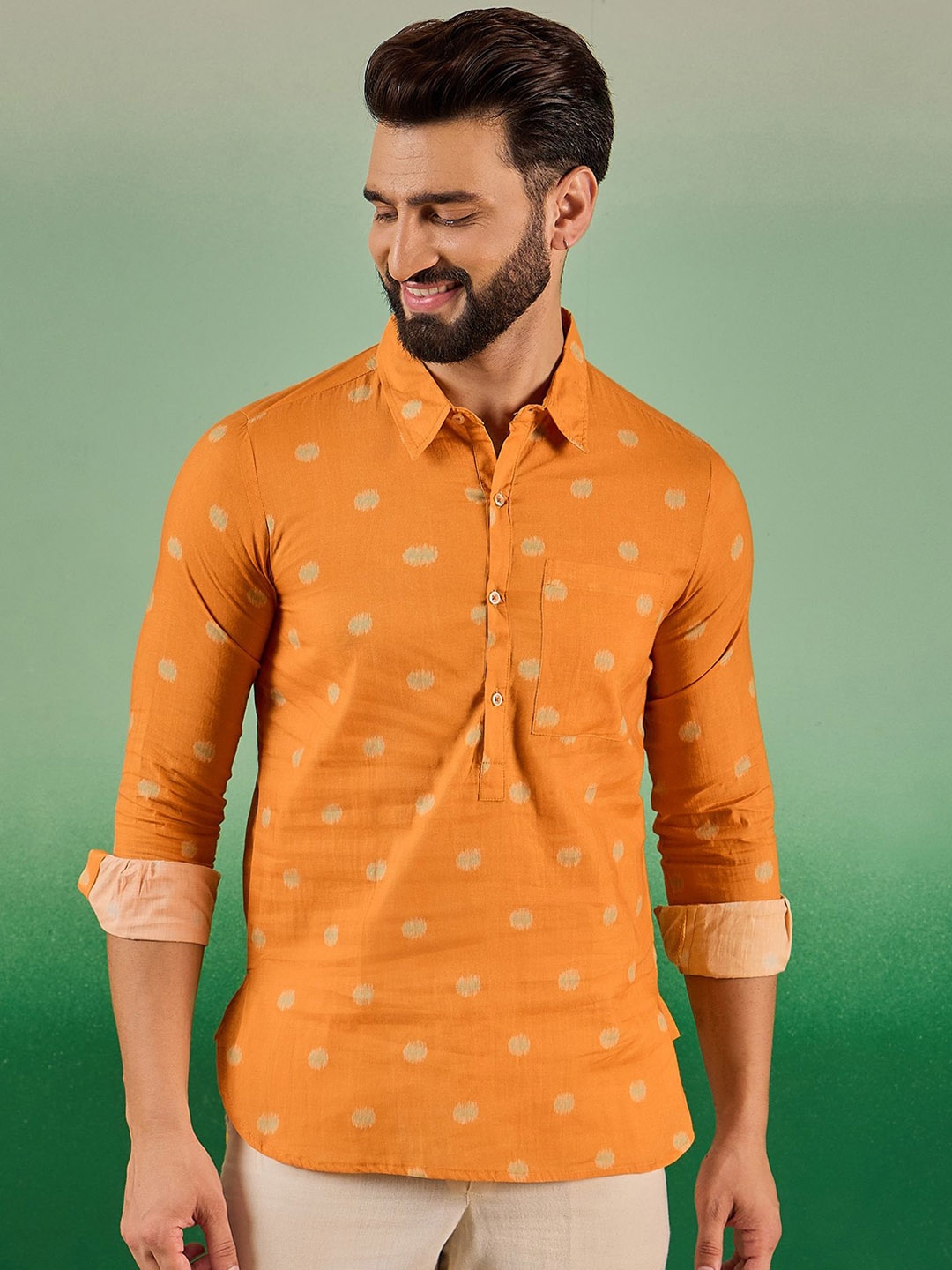 

Nimayaa Geometric Printed Shirt Collar Pure Cotton Straight Kurta, Mustard