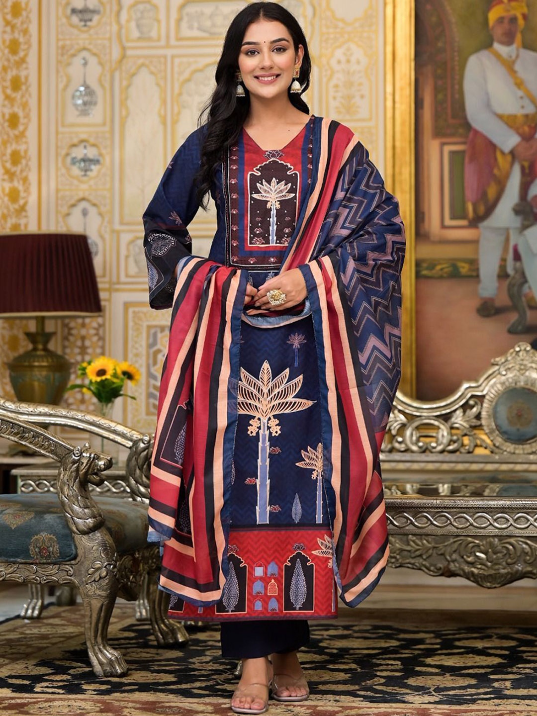 

Anouk Ethnic Motifs Printed Zardozi Straight Kurta With Trousers & Dupatta, Blue