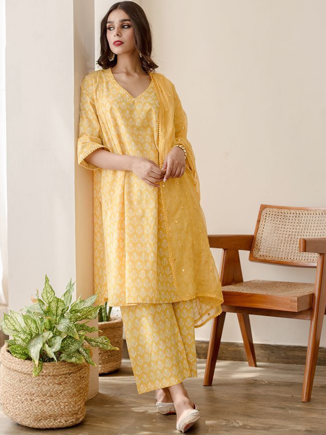 

GulaboJaipur Floral Printed Regular Pure Cotton A-Line Kurta with Pyjamas & Dupatta, Yellow