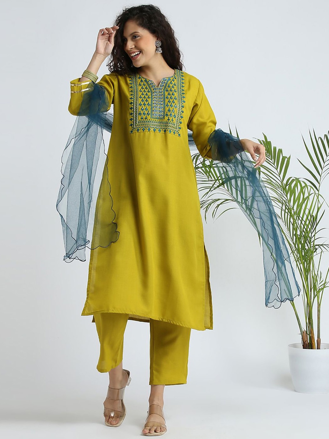 

BHUMIKA CREATION Ethnic Motifs Yoke Design Straight Kurta with Trousers & Dupatta, Lime green