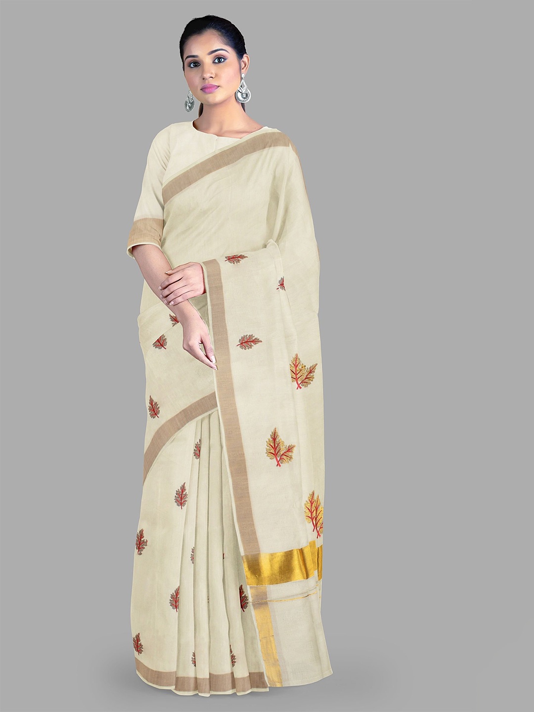 

The Chennai Silks Abstract Printed Pure Cotton Kasavu Saree, Off white