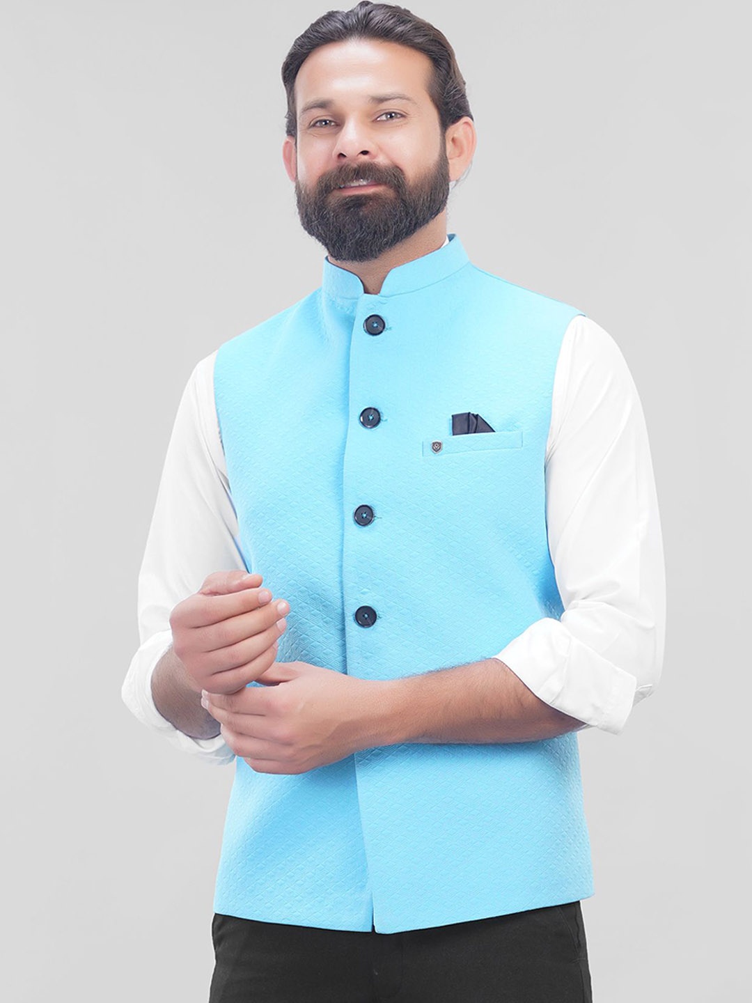 

LA'SCOOT Woven Design Mandarin Collar Nehru Jacket, Blue