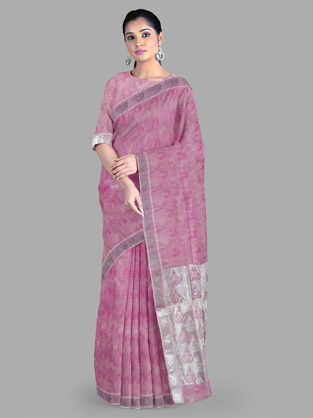 

The Chennai Silks Floral Zari Pure Cotton Kovai Saree, Pink
