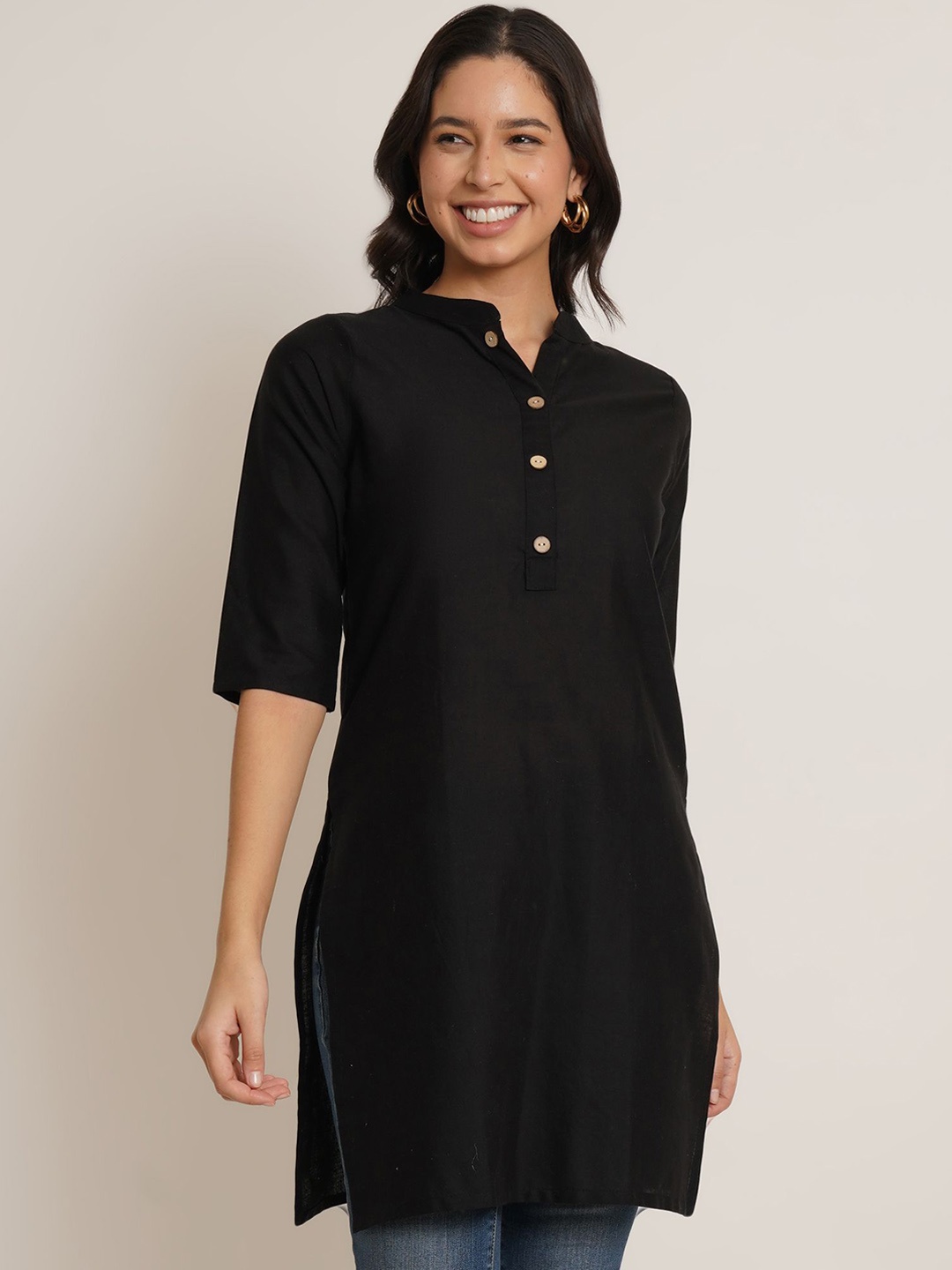 

Brownverse Mandarin Collar Straight Kurti, Black