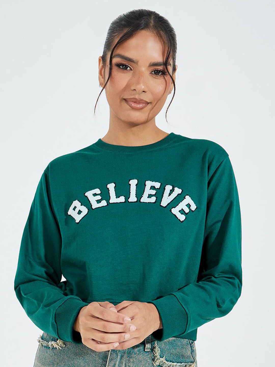 

Styli Women Embroidered Regular Fit Short Length Sweatshirt, Teal