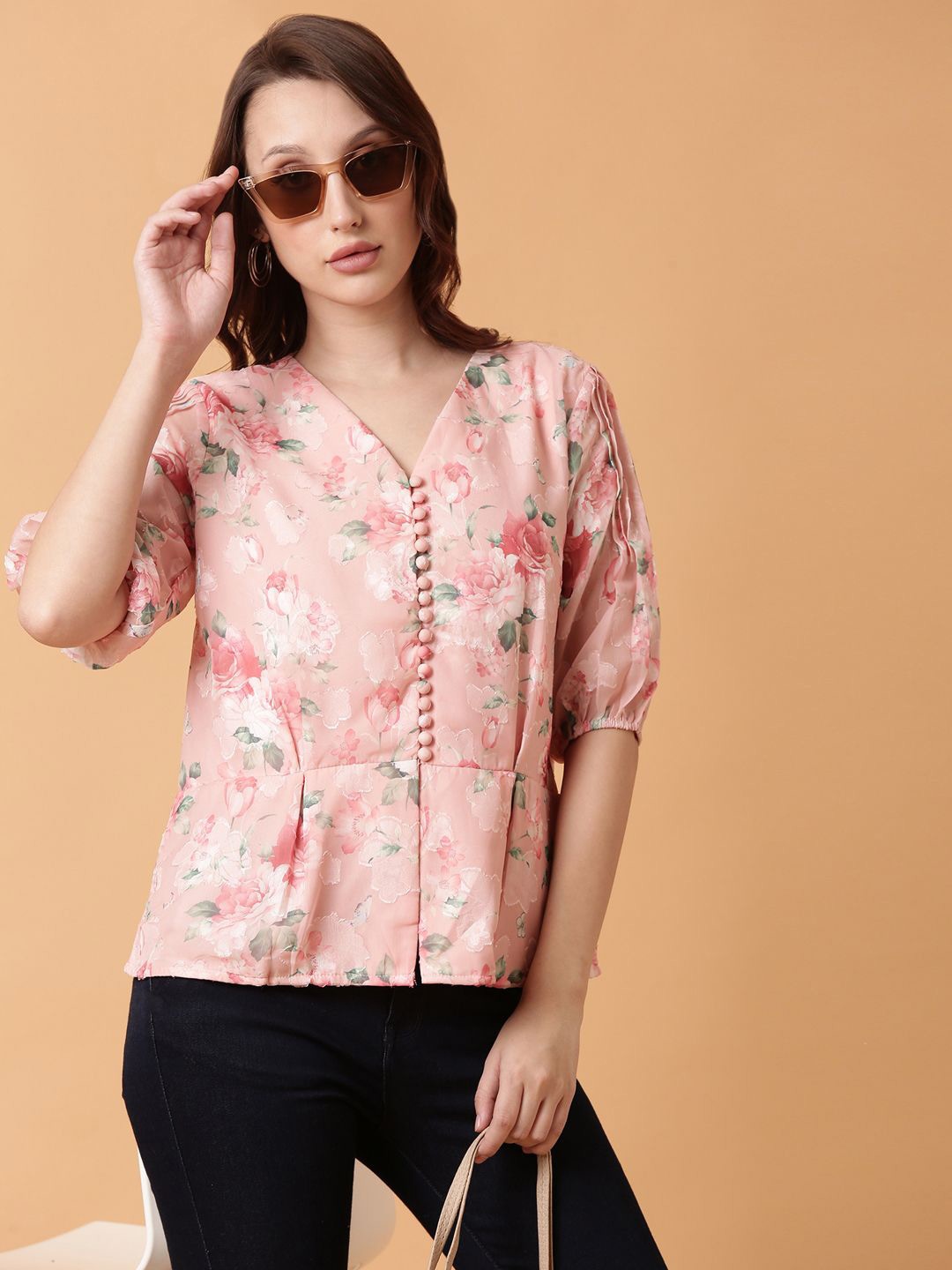 

SHOWOFF Floral Print Puff Sleeve Georgette Peplum Top, Pink